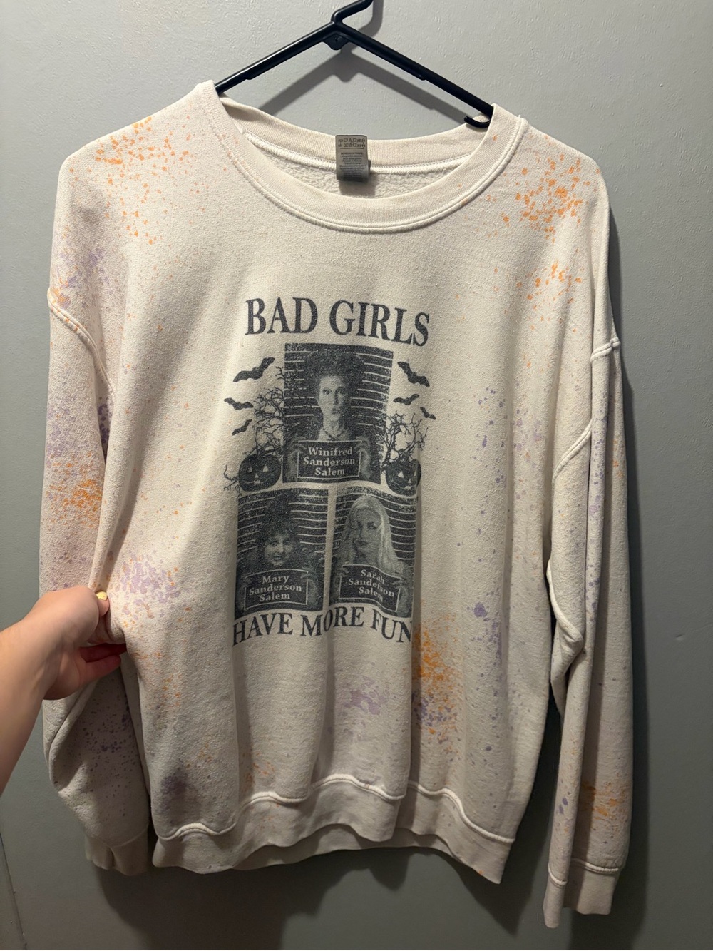 Bad Girls Have More Fun Graphic Sweatshirt - White with Orange & Purple Splatter